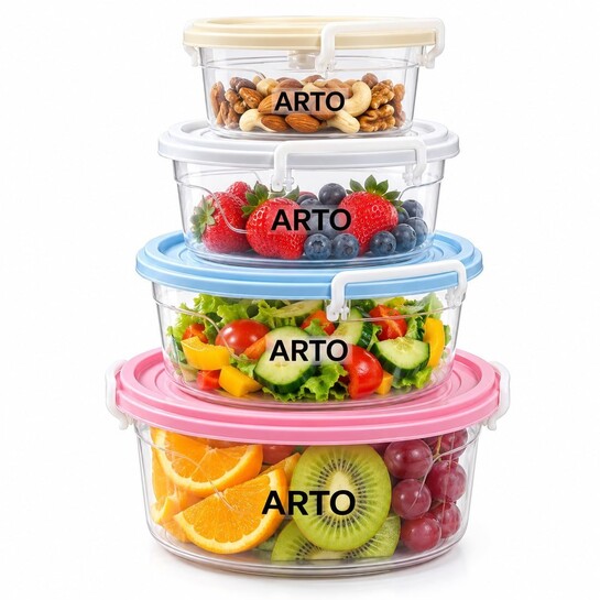 Arto Airtight Round Food Storage Container Set of 4 | 3300ml 2100ml 1300ml 700ml | BPA Free Leakproof Lids | Microwave Fridge Freezer Dishwasher Safe | Kitchen Organizer Jars