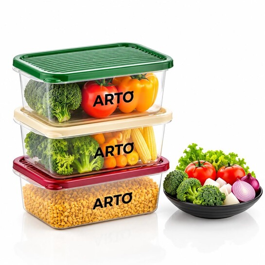 Arto Food Storage Containers Set of 3, 1100ml Airtight & Leak Proof Transparent Fridge Organizer with Coloured Lids – Stackable, Food Grade Plastic for Kitchen, Pantry, Cereals & Vegetables