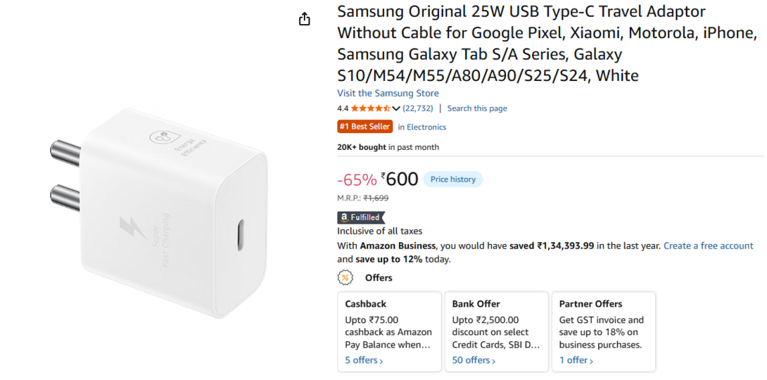 Samsung 25W Original Adapter @ 600/- only