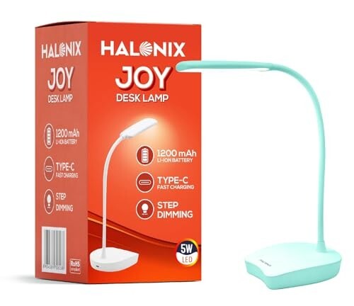 Halonix Joy Rechargeable Desk Lamp with C-Type Charging | LED Study Table Lamp with Step Dimming | Li-ion Battery | Portable Eye-Care Light for Study, Work & Home Use