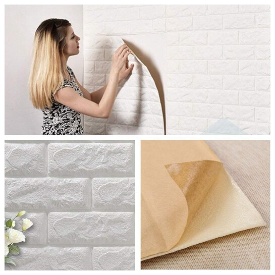 Arto 3D PE Foam Self Adhesive Brick Design Wall Stickers/DIY Wallpaper for Home Hotel Living Room Bedroom Cafe Décor DIY Wall Paper (Thickness 8MM, 70 x 77 cm, White) Decorative Wallpaper