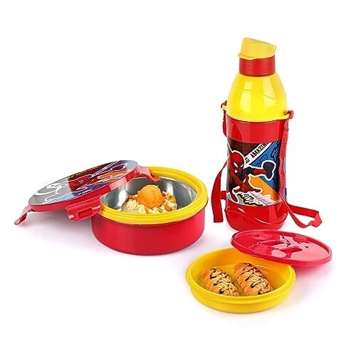 CELLO Tiffy Spiderman Gift Set Insulated Lunch Box & Water Bottle for Kids | Tiffin Box 460 ml, Water Bottle 400 ml, Red & Yellow | Leak Proof | Easy to Clean | Ideal for School, Picnic