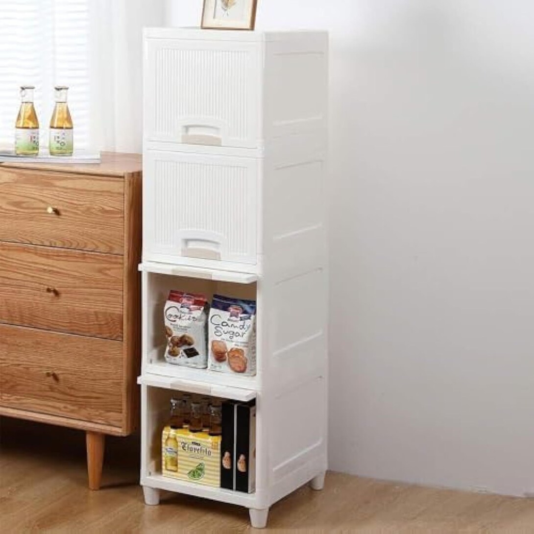 E-COSMOS 4 Units Plastic Cupboard for Clothes Cabinet for Storage Foldable Wardrobe for Rack for Clothes Storage Cabinet Modular Drawer Storage Box,White