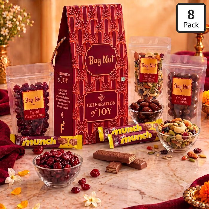 Bay Nut diwali Gift Hamper with cranberries, chocoalmond,trail mix 100gm each and 3 choclates 