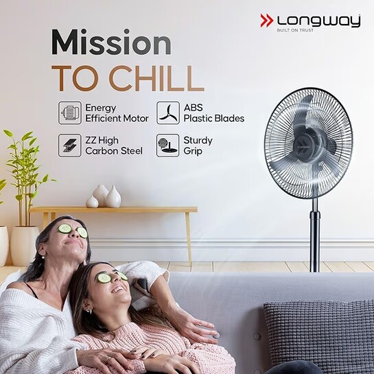 LONGWAY Bolt Black Pedestal Fan, P1 400 mm, Ultra High Speed, 3 Blade, Decorative Star Rated (Black, Pack of 1)