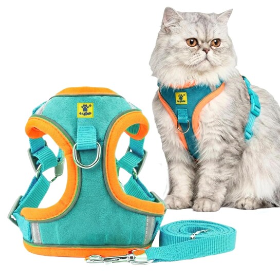 A+a Pets' Suede Harness & Leash Set for Cats, Small Dogs | Escape Proof | Night Safety Reflective Strips | 2 Leash Points (M, Green)