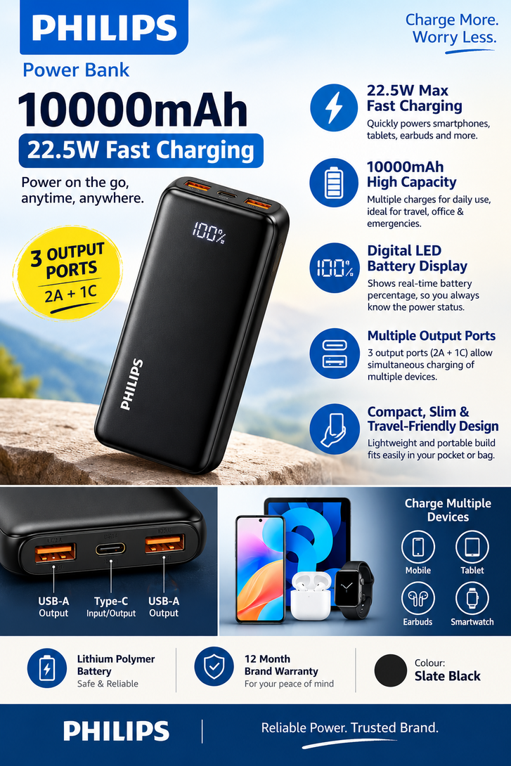 Philips 10000mAh Power Bank – 22.5W Fast Charging | LED Display | Compact & Travel Ready
