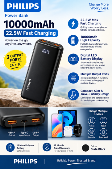 Philips 10000mAh Power Bank – 22.5W Fast Charging | LED Display | Compact & Travel Ready