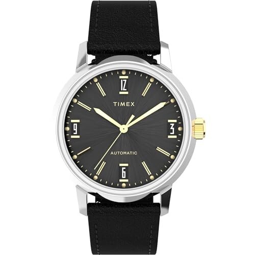 TIMEX Marlin Mechanical Automatic Watch for man with Black Round Dial & Black Leather Strap Band Water Resistant Men's Wrist Watches - TW2W33900U9