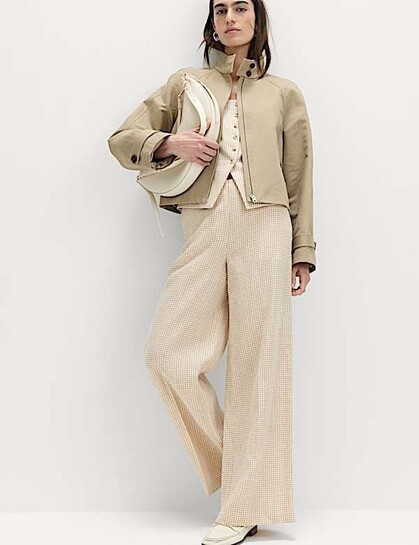 Pure Linen Gingham Wide Leg Trousers for Women