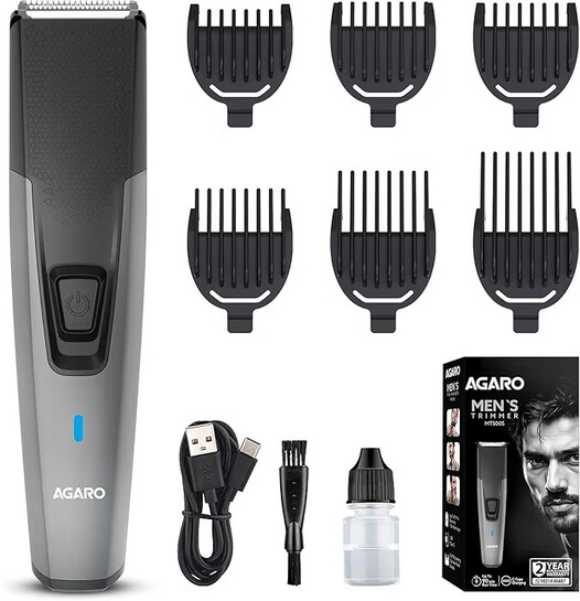 AGARO Beard Trimmer MT5005, 90 mins run time with Type C, 6 comb attachments, Self sharpening blades | Trimmer for Men