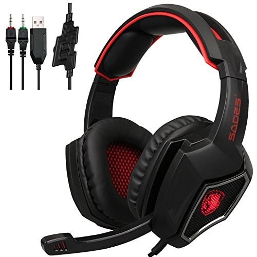 BigPlayer SADES Spirit Wolf 3.5mm Wired Stereo Gaming Headset Headband Headphones with Microphone Deep Bass Over-The-Ear Noise Isolating Volume Control LED Lights for PC Gamers (Black Red), 1, red and