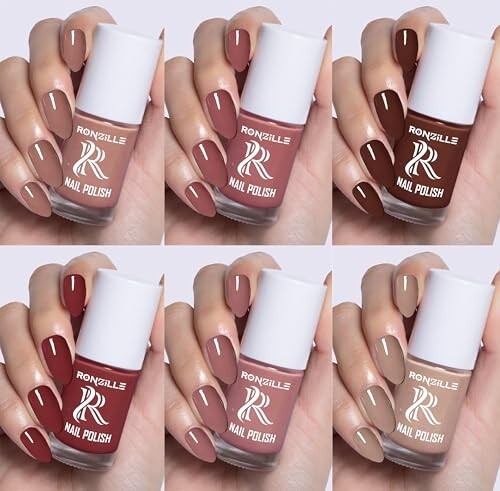 Ronzille Nude Nail Polish Combo Pack of 6 | Long Lasting Quick Dry Nail Paint Set | Glossy Brown, Pink, Beige & Red Shades for Women