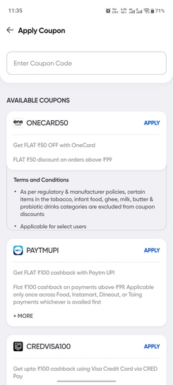 Swiggy Instamart - Flat 50 Off on MOV 99 - One card [Account Specific]