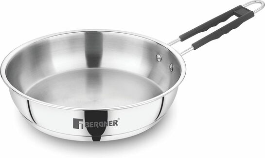 BERGNER Eternity Stainless Steel Frypan with Triply Bottom, Induction Base and Silicone Grip Handle, 7 Year Warranty, 22 cm, Silver 