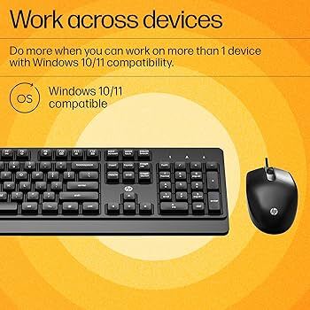 HP 7J4G3AA one year warranty KM 180 Wired Mouse and Keyboard Combo, USB Plug-and-Play, 1200 dpi, Full-Size Layout with Numeric pad 