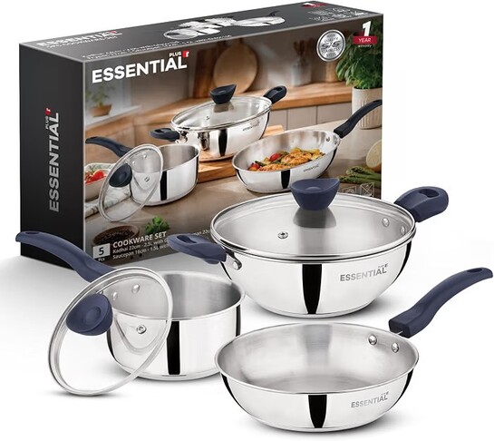 Bergner Essential Plus Stainless Steel 5 Pcs Cookware Set - 22cm/2.5L Kadai with Lid, 22cm Frypan, 16cm/1.5L Saucepan with Lid