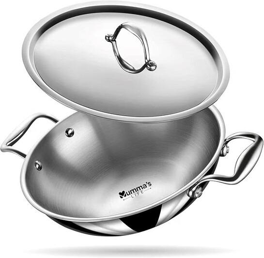Mumma's LIFE Kadai for Cooking Stainless Steel, 3L Triply Stainless Steel Kadai for Cooking with Lid, 24 cm Diameter, 2.5 mm Thick