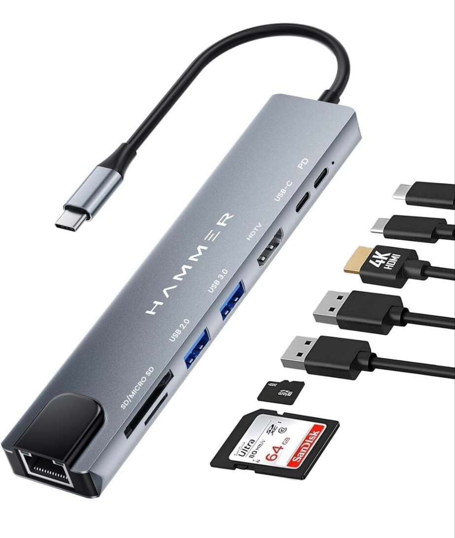 HAMMER 8-in-1 USB-C Hub, Grey 100W PD Charging