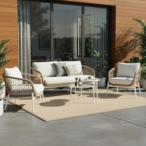 LOCCUS Outdoor 4-Seater Rope Sofa Set with All-Weather Water-Resistant Cushions & Glass Top Round Coffee Table – Patio Conversation Furniture for Garden, Balcony & Poolside (Beige & Off-White)