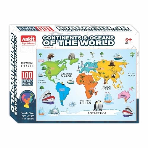Ankit Toys & Games 100-Piece Jigsaw Puzzles for Kids Ages 6+, Educational and Engaging Geography Puzzle with Vibrant Map Learning (Continents & Oceans Explore The World)