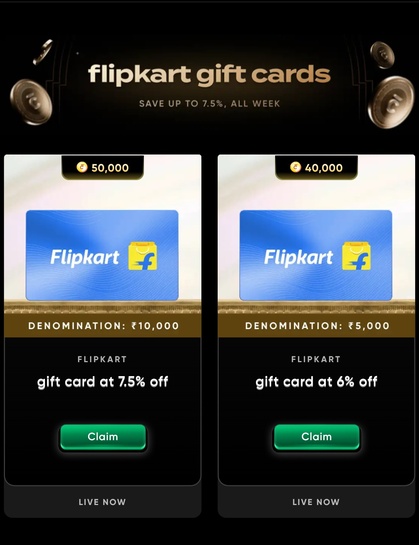 Cred - 10k & 5k Flipkart gift card @7.5% & 6% off