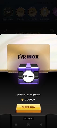 CRED Coin Rush: Get ₹1,000 OFF on PVR INOX Gift Card for 2,00,000 CRED Coins