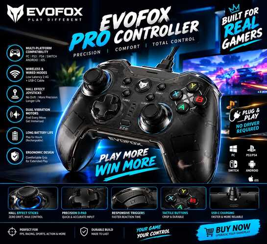 EVOFOX Pro Wireless Gaming Controller @ ₹1299 | Hall Effect Joysticks | PC, PS4, Switch & Mobile