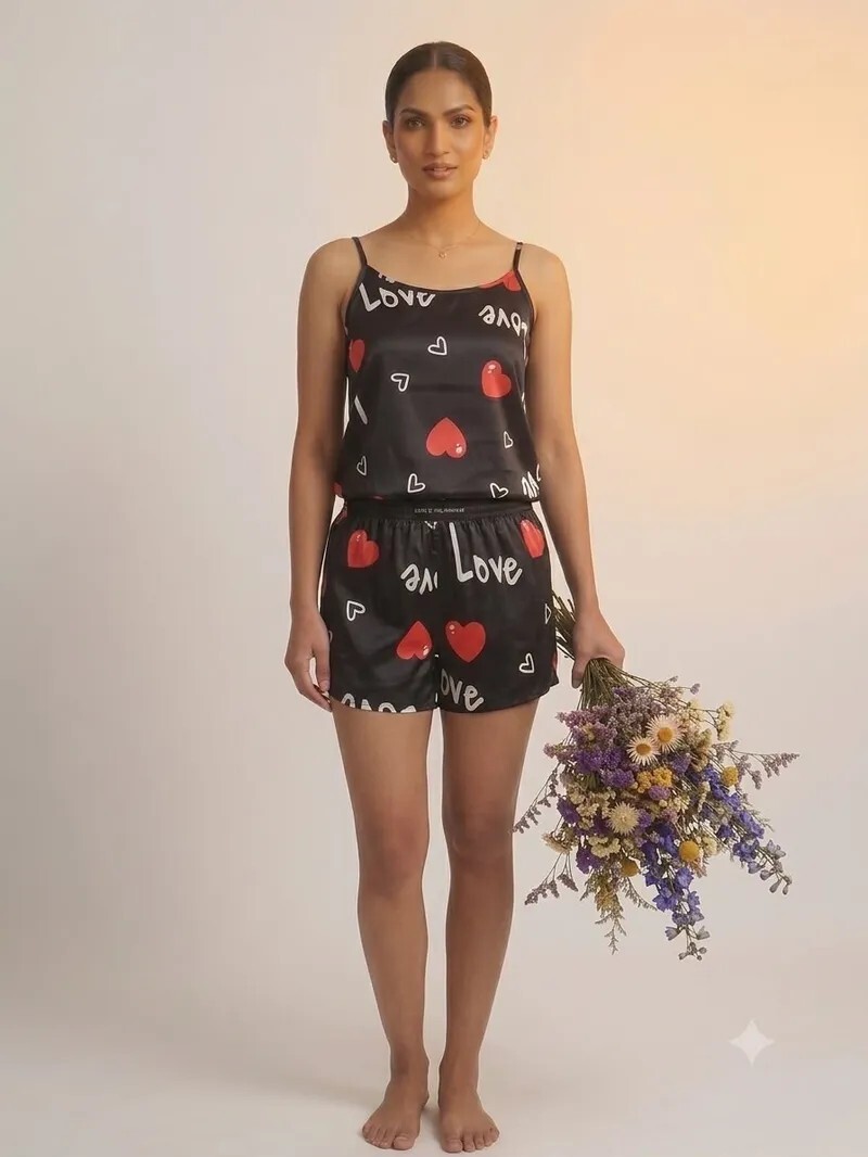 tfv Women Night Suit Set Black Printed