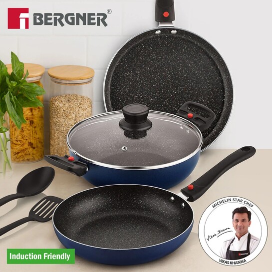 BERGNER Sherry Plus 5-Layer 6 Pcs Non-Stick Cookware Set with Detachable Handle - Induction Bottom Non-Stick Coated Cookware Set (Aluminium, 6 - Piece)