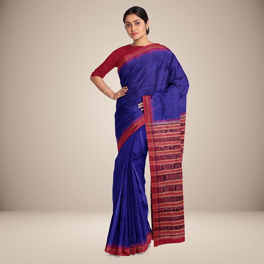 Utkalika Pure Tussar Silk Saree – Traditional Blue & Red Border Craftsmanship
