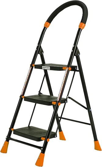 Amazon Basics Curvo-Foldable Step Ladder, Ribbed Steps, Knee Guard, Non-Marring PVC Shoes, 3 Steps (Black & Orange)