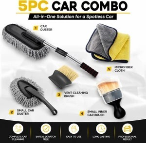 DECOZARE 5PC Interior Exterior Car Cleaning Combo with Microfiber Towel Wet and Dry Duster Set