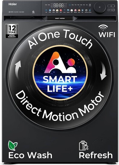 Haier Smart Choice 12 Kg AI Color Panel, One-Touch Smart Wash, Fabric Detection Fully Automatic Front Load Washing Machine with In-Built Heater,WI-FI, Black (HW120-DM14F9BKU1)