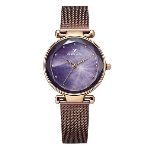 Daniel Klein Analog Purple Round Dial Rose Gold Case Purple Mesh Strap Stone-Studded Water-Resistant Wrist Watch for Women Girls, Ladies DK11873-4