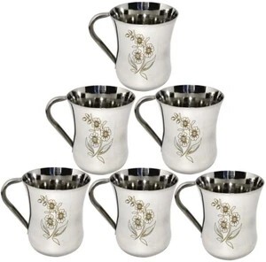 LEROYAL Pack of 6 Stainless Steel Tea/Coffee Cup /Glass with Handle | Designer