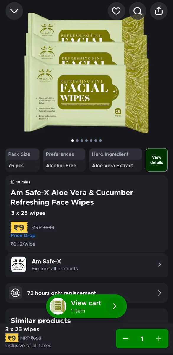 Blinkit - Am Safe-X Aloe Vera & Cucumber Face Wipes (3 * 25)