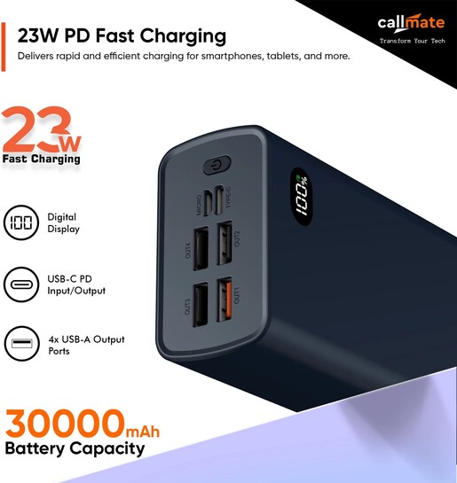 Callmate 30000 mAh 23 W Power Bank (Blue, Lithium Polymer, Fast Charging for Mobile, Earbuds, Speaker, Tablet, Trimmer)