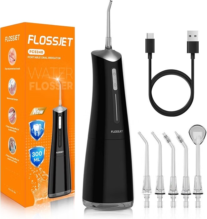 Water Dental Flosser for Teeth Cordless with 300ML 4 Cleaning Modes 5 Jet Tips Portable Oral Irrigator USB-Powered Electric Flosser IPX7 Waterproof