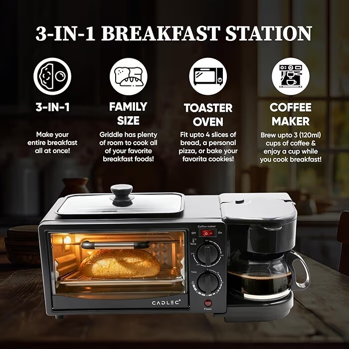CADLEC MultiChef Pro 3 in 1 Breakfast Maker With Oven Toaster Griller, Coffee Maker, Frying Pan