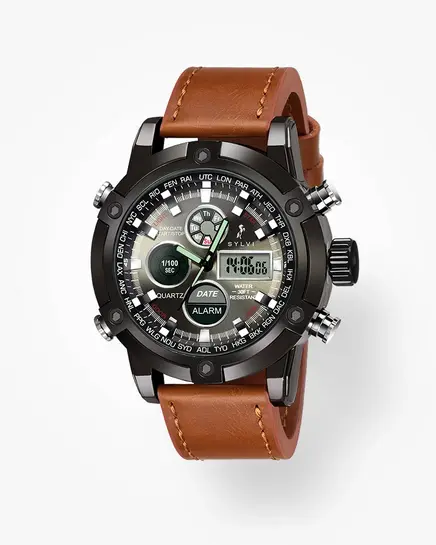 SYLVI Analog Digital Watch for Men with a Round Dial, Brown Strap, Alarm, Stopwatch & Water Resistance for Everyday Wear