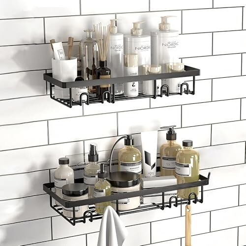 Moforoco Bathroom Organiser Without Drill | Bathroom Accessories with Hooks | Self Adhesive Bathroom Shelf for Wall | Washroom Organiser Made of Strong Quality Metal Black Pack of 2