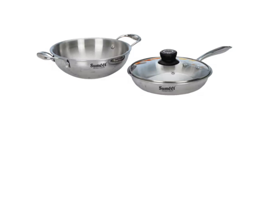 Instamart - Sumeet CookSmart TriPly Stainless Steel Cookware Set with Glass Lid (Deep Kadai 20cm - 1.7L, Frypan 20cm - 1L, Set of 3, Silver) 