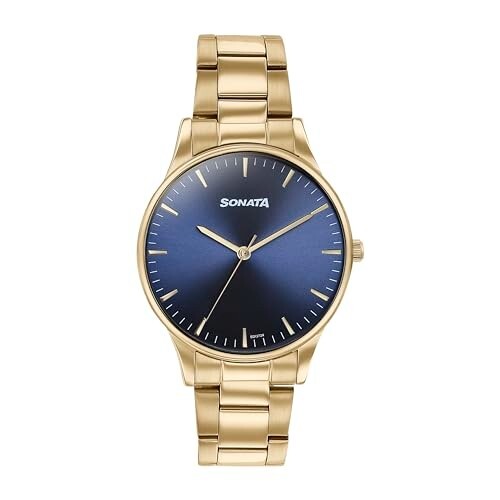 Sonata Quartz Analog Blue Dial Golden Stainless Steel Strap Watch for Men