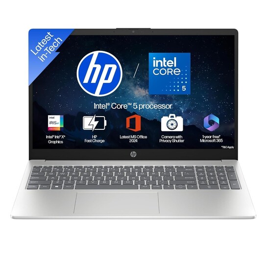 HP 15, Intel Core 5 120U (14th Gen) 8GB DDR4, 512GB SSD, FHD, Anti-Glare, Micro-Edge, 15.6''/39.6cm, Win11, M365(1yr)* Offic24, Silver,1.65kg, fd1444TU/fd1654tu, FHD Camera w/Shutter, Backlit Laptop