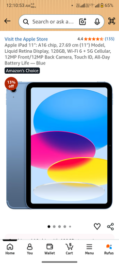Apple iPad 11″: A16 chip, 27.69 cm (11″) Model, Liquid Retina Display, 128GB, Wi-Fi 6 + 5G Cellular, 12MP Front/12MP Back Camera, Touch ID, All-Day Battery Life — Blue