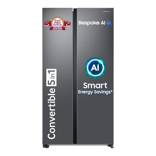 Samsung 653 L, 3 Star, Frost Free, Double Door, Convertible 5-in-1 Digital Inverter, Side By Side AI Enabled Smart Refrigerator with WiFi (RS76CG8003S9HL, Silver, Refined Inox)