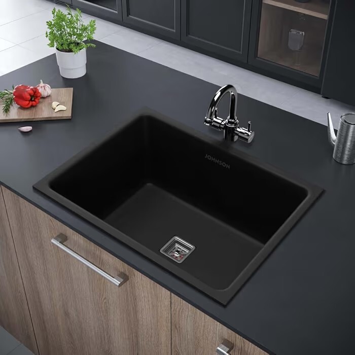 Johnson Qubix Black Quartz Kitchen Sink with Waste Coupling | 24"x 18"x 9.5" | 5 Years Warranty