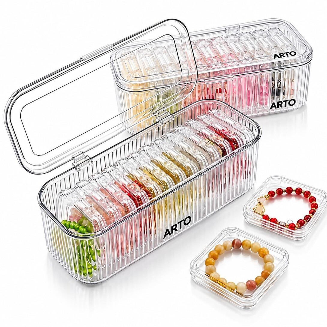 Arto 11 Piece Crystal Clear Ribbed Storage Box Set with Flip Lid - Transparent Dustproof Acrylic Organizer for Makeup Brushes Jewelry Bracelets Beads | Large + 10 Small Square Boxes