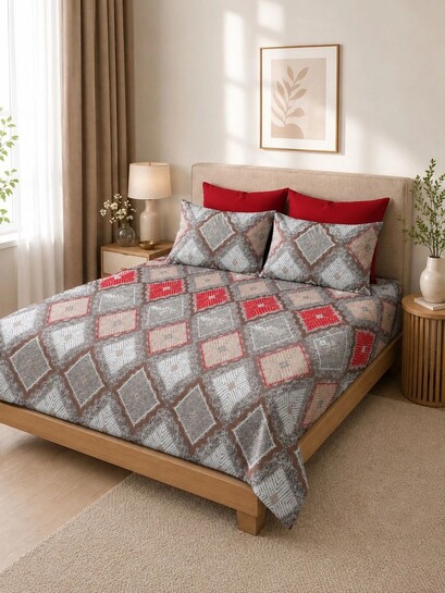 Buy Myntra Elegant Homes Grey & Red Geometric 350 TC King Bedsheet With 2 Pillow Covers - Bedsheets for Unisex 44955788 | Myntra